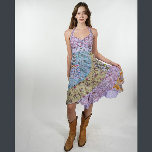 APRIL MAY SHORT DRESS Cotton Floral Print Overdye Patchwork  Sweetheart Neckline Halter Short Dress  w/ Scalloped Hem Line & Outside Pockets