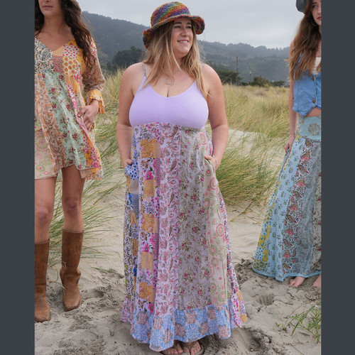 APRIL MAY MAXI DRESS Cotton Floral Print Overdye Patchwork Maxi Dress w/ Cotton Spandex Bust w/ Adjustable Spaghetti Straps, Back Elast Bobbing & Pockets