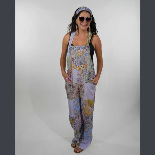 APRIL MAY OVERALLS Cotton Floral Print Overdye Patchwork 5 Pocket Wide Leg Overalls w/ Adjustable Straps