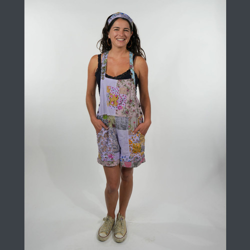 APRIL MAY SHORTS OVERALLS Cotton Floral Print Overdye Patchwork 5 Pocket Shorts Overalls w/ Adjustable Straps
