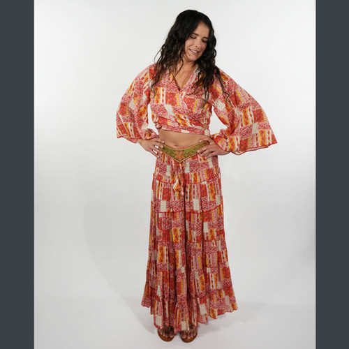 FLOWER PICNIC MAXI SKIRT Cotton Floral Faux Patchwork Print Tiered Patchwork Maxi Skirt w/ Elastic Drawstring Waist & Pockets