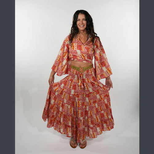 FLOWER PICNIC MAXI SKIRT Cotton Floral Faux Patchwork Print Tiered Patchwork Maxi Skirt w/ Elastic Drawstring Waist & Pockets