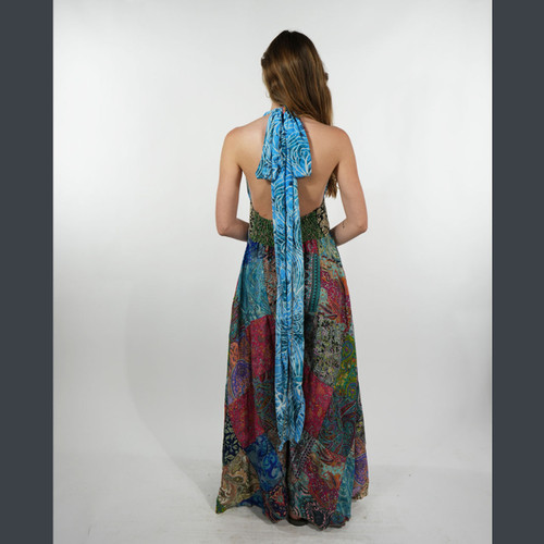 ENCHANTED JUMPSUIT Rayon Sari Patchwork Halter Wide Leg  Jumpsuit w/ Back Bobbing Waist & Side Zip