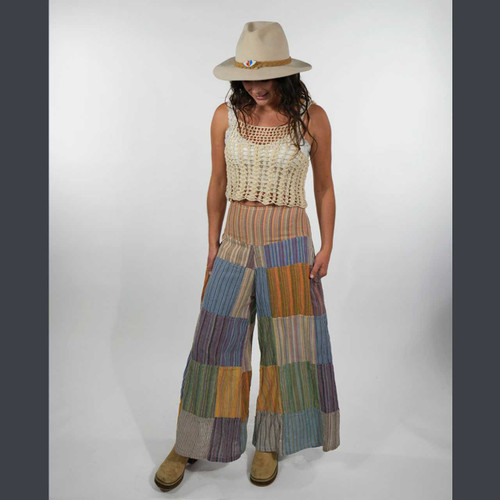 HEY JUDE PANTS Striped Cotton Patchwork Back Elastic Super Wide Leg Pants w/ Pockets