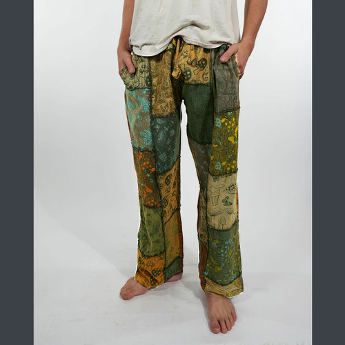 SHROOMSCAPE PANTS Cotton Stonewash Mushroom Print Patchwork w/ Outer Stitching Button  Elastic Drawstring  Waist 3 Pocket Men's Patchwork Pants