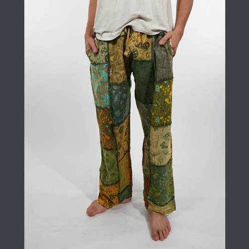 SHROOMSCAPE PANTS Cotton Stonewash Mushroom Print Patchwork w/ Outer Stitching Button Elastic Drawstring Waist 3 Pocket Men's Patchwork Pants