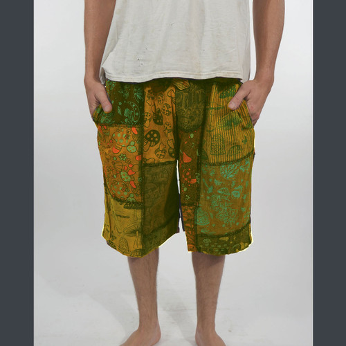 SHROOMSCAPE SHORTS Cotton Stonewash Mushroom Print Patchwork w/ Outer Stitching  Elastic Drawstring  Waist 3 Pocket Men's Shorts