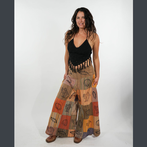 JUBILEE PANTS Women's Cotton Striped Patchwork Flat Front Waist  Back Elastic Wide Leg Pants w/ GD Multi Block Print - Tan - Grey - Olive