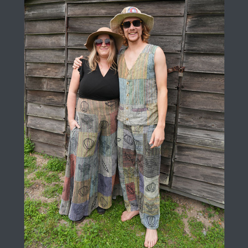 JUBILEE PANTS Women's Cotton Striped Patchwork Flat Front Waist  Back Elastic Wide Leg Pants w/ GD Multi Block Print - Tan - Grey - Olive