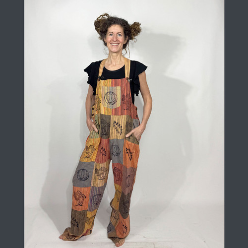 JUBILEE OVERALLS Striped Cotton Stonewash Patchwork Overall Multi Grateful Dead Print - Earl Grey - S