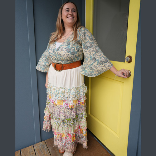 DAYDREAMER MAXI SKIRT Cotton Print Multi Tiered MAXI SKIRT w/ Frayed Hems & Elastic