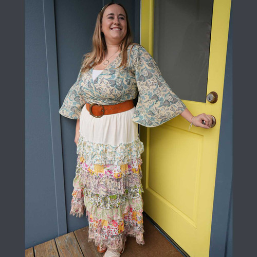 DAYDREAMER MAXI SKIRT Cotton Print Multi Tiered MAXI SKIRT w/ Frayed Hems & Elastic