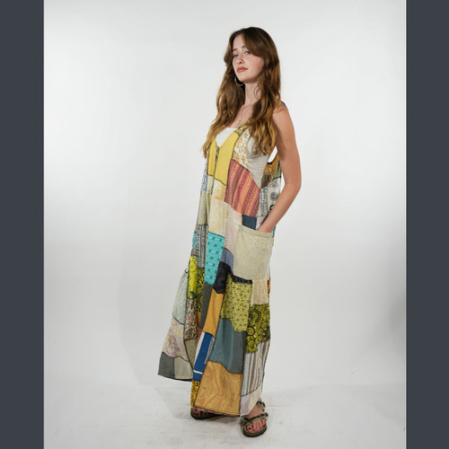 TALLULAH'S PARTY JUMPSUIT Cotton Solid & Print Patchwork Bucket Jumper w/ Outer Pockets