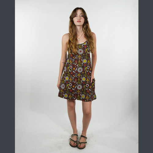SHROOMY BLOOMY MINI DRESS Cotton Spandex Groovy All Over Mushroom Print Adjustable Spaghetti Strap Mini Dress Dress w/ Pockets & Front  Zipper Pocket