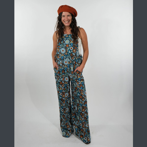 SHROOMY BLOOMY OVERALLS Cotton Spandex Groovy All Over Mushroom Print Adjustable Spaghetti Strap Overalls w/ 4 Pockets