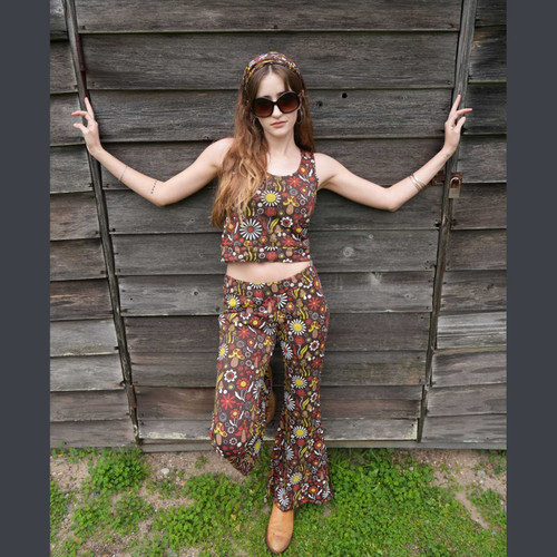 SHROOMY BLOOMY PANTS Cotton Spandex Groovy All Over Mushroom Print Bell Bottom Booty Pants