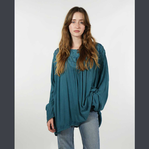 MEADOWLARK TUNIC Rayon Crepe 2 Button Long Sleeve Kurtha w/ Ari Embroidery
