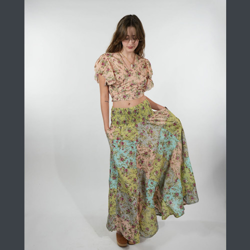 ROSE BUD MAXI SKIRT Cotton  Smocking  Waist Tiered Patchwork Maxi Skirt  - Rose Print