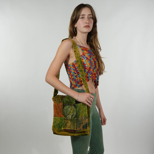 Stonewash Patchwork Corduroy Square Flap Shoulder Bag w/ Tonal Grateful Dead Steal Your Face Embroidery