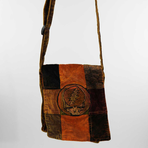 Stonewash Patchwork Corduroy Square Flap Small Shoulder Bag w/ Tonal Grateful Dead Steal Your Face Embroidery