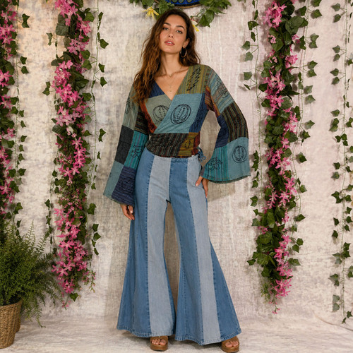 SUGAREE COVER UP Cotton Patchwork Wide Sleeve Wrap Top w/ Grateful Dead Block Prints