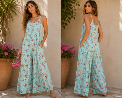 ROSEBUD JUMPSUIT  Wide Leg Jumpsuit w/ Adjustable Straps & Pockets - Batik  Print