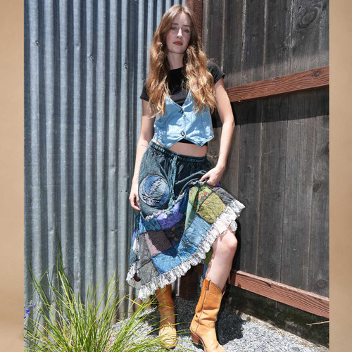 BOX OF RAIN SKIRT Cotton Patchwork Angle Cut Drawstring Elastic Waist Midi Skirt w/ Spaced Out SYF Emb & Lace Detail