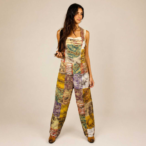 BACK ROADS OVERALLS Cotton Razor Cut & Tie Dye Patchwork Overalls w/ Adjustable Straps & 5 Pockets