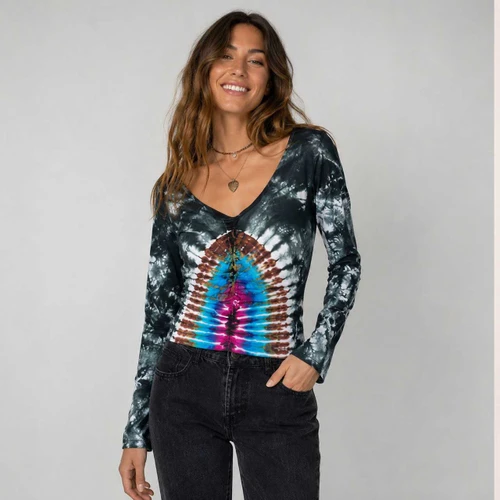ELECTRIC BOOGIE TOP Cotton Lycra Tie Dye Scoop Neck & Back Long Sleeve Top w/ Braided Front & Arms