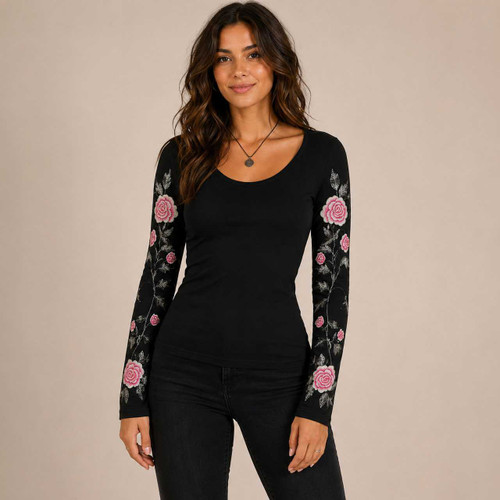 WILD ROSE TOP Cotton Lycra Scoop Neck Long Sleeve Shirt w/ Ornate Rose Embroidery Up Arms