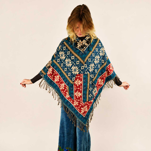 BONFIRE PONCHO Acrylic Wool Hooded Poncho w/ Fleece Lined Hood ,3 button Closure & Ties, Front Pouch Pocket, Inside Pocket & Tassels