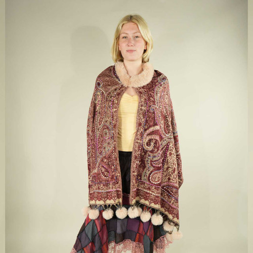 AUTUMN MUSE SHAWL Pashmina Shawl w/ Hand Stictching Faux Fur Collar & Bobbles & Inside Pocket