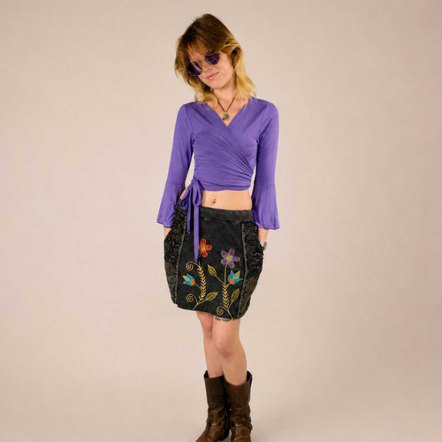 WILD FLOWER MINI SKIRT Stonewash Cotton Patchwork Elastic Waist Mini Skirt w/ Flower Applique' , Embroidery, Hand Stiching & Razor Cut & Pockets