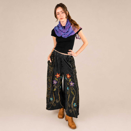 WILD FLOWER PANTS Stonewash Cotton Patchwork Elastic Waist Wide Leg Flowy Pants w/ Flower Applique' , Embroidery, Hand Stiching & Razor Cut & Pockets