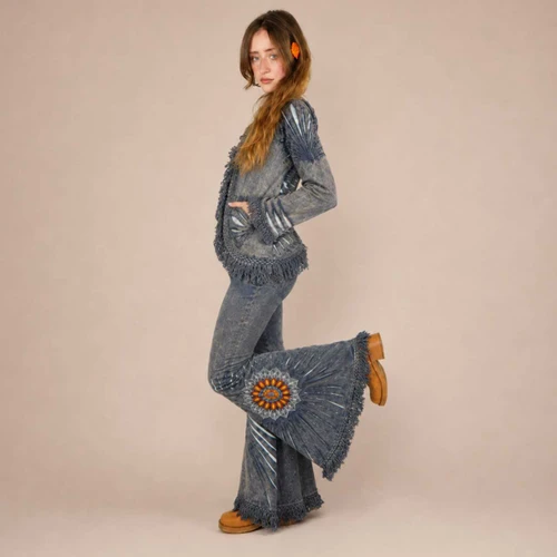 MANDALA RAYS PANTS Stonewash Cotton Lycra Tie Dye Lininig Elastic Waist Wide Leg Booty Pants w/ Mandala Embrodery Razor Cut & Hidden Pocket
