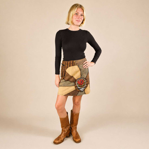 SAINT STEPHEN MINI SKIRT Cotton stonewash Patchwork Mini Skirt w/ Attached Pouch Belt & Rose SYF Embroidey