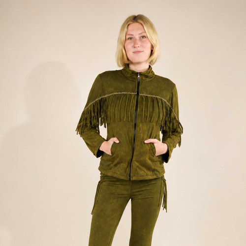 TERRA HUES JACKET Cotton Lycra Stonewash Fringe Zip Up Collar Jacket w/ Fleece Lining, Hand Stitching & Fringe