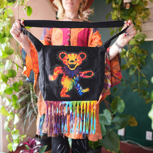 Grateful Dead Cotton Square Shoulder Bag w/ 3 Pockets, Tie Dye Fringe, Adjustustable Strap & GD Bear Print