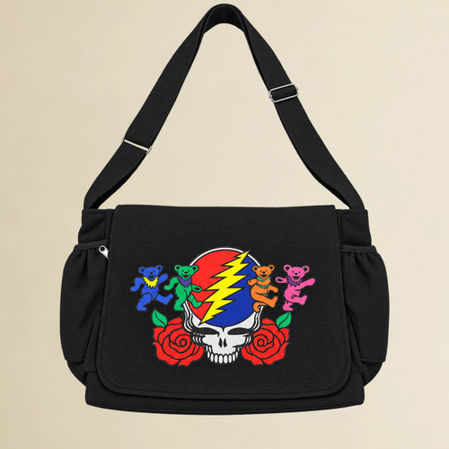Grateful Dead Cotton Square Shoulder Bag w/ 2 Extra Zipper Pockets, 2 Bottle Pockets Adjustable Strap & Grateful Dead Stealie & Bear Print
