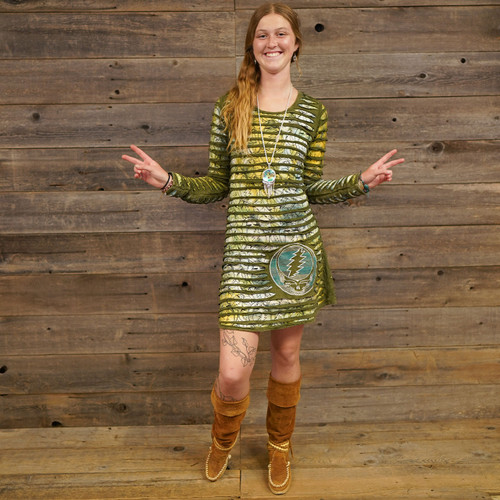 BLOW AWAY DRESS Cotton Lycra Tie Dye Steal Your Face Print Razor Cut Long  Sleeve Mini Dress w/Open Back Braid & Steal Your Face Embroidery - Jayli  Imports Inc.