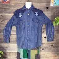 PEACE OUT SHIRT Cotton Striped & Solid Patchwork Cowboy Button Up Shirt w/ Double Chest Pockets w/ Embroidered Peace Signs