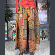 EARTH MAMA PANTS Cotton Patchwork Super Wide Leg Pants  w/ Elastic Drawstring Waist & Pockets