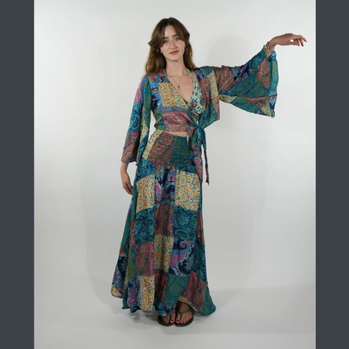 Sari Silk Patchwork Upcycled wrap top with flowy sleeves Sari Silk Patchwork Upcycled wrap top with flowy sleeves