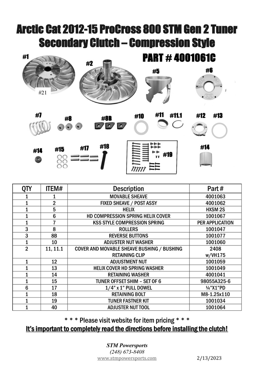 Arctic Cat 2012-15 ProCross 800 STM Gen 2 Tuner Secondary Clutch