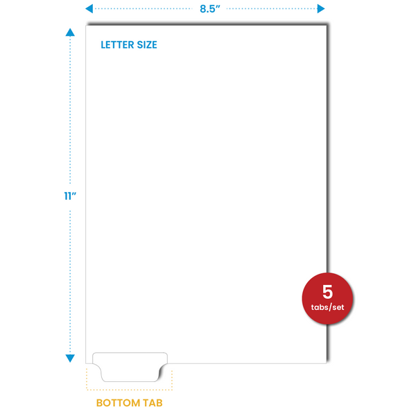 Custom Bottom Tab Dividers, Letter Size - 5 tab set