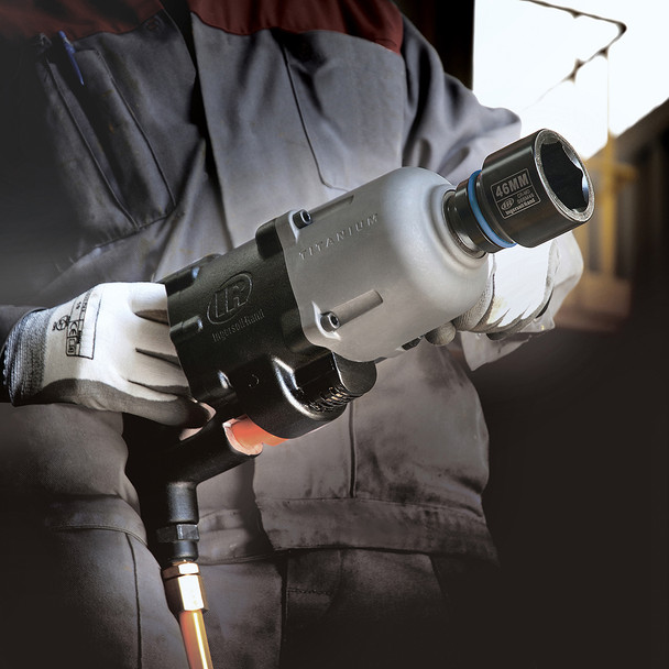Side profile of the Ingersoll Rand 3942B2Ti Super Duty Impact Wrench, showcasing the durable titanium hammer case and corrosion-resistant metal housing designed for heavy industrial use.