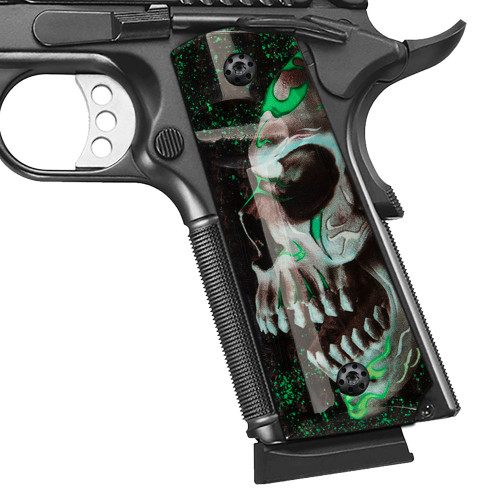 Cool Hand 1911 Grips with Green Skull Pattern, Full Size (Government/Commander), Screws Included, High Polished Acrylic, Ambi Safety Cut, H1-S-ACSG 
