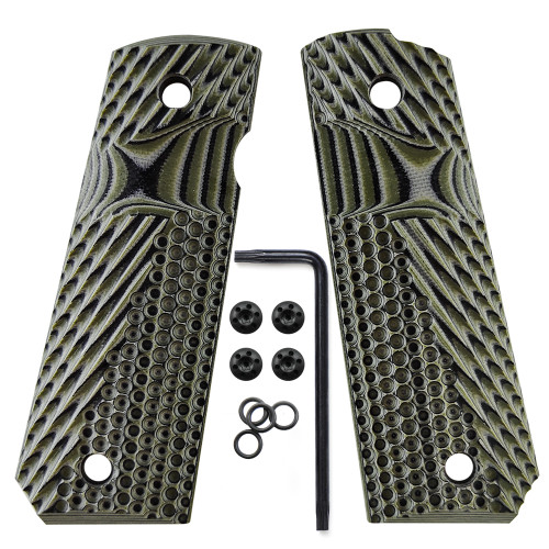 Cool Hand G10 Grips Replacement for 1911 Full Size（Government/Commander, Black Screws Included, Big Scoop, Ambi Safety Cut, Aggressive OPS Texture, OD Green / Black, H1-JVB-21