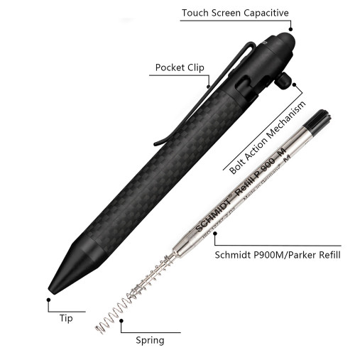 Carbon Fiber Bolt Action Pen with Retractable Stylus Tip for