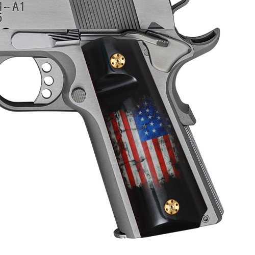 Cool Hand 1911 Grips, High Polished Acrylic, with Patriotic American US Flag, Full Size (Government/Commander), Gold Screws Included, Ambi Safety Cut, H1-S-ACUSFB